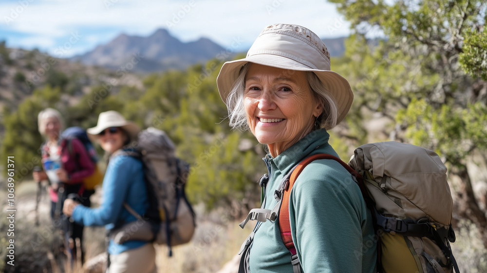 Active Older Woman Hiking in the Mountains with Friends Active Older Woman Hiking in the Mountains with Friends
