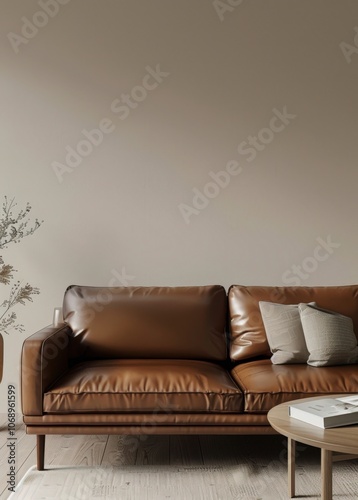 A brown leather sofa with grey pillows sits in front of a beige wall with natural sunlight streaming in A coffee table with a vase. book and a potted plant sits in front of the sofa A rug is placed un photo