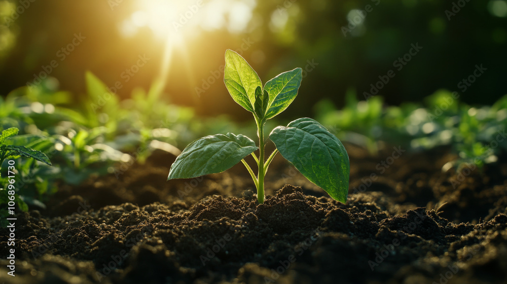 A single green sprout emerges from the rich soil, bathed in warm sunlight. A single green sprout emerges from the rich soil, bathed in warm sunlight.