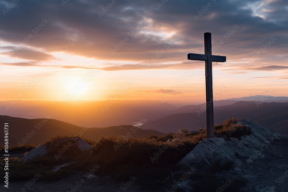 Tranquil Sunset Behind a Hilltop Cross Scene Tranquil Sunset Behind a Hilltop Cross Scene