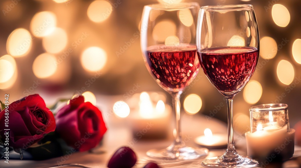 Romantic setting with two glasses of wine, roses, and candles, creating an intimate atmosphere. Romantic setting with two glasses of wine, roses, and candles, creating an intimate atmosphere.