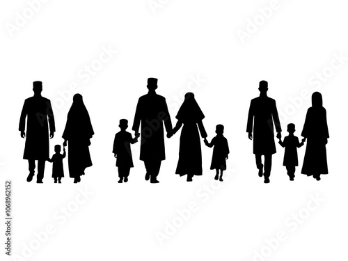 Muslim family silhouette. Muslim man-woman kid family silhouette isolated on a white background.