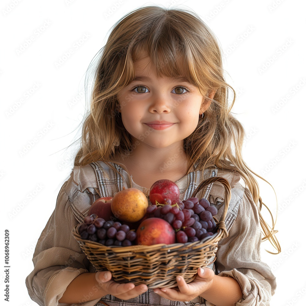 Cute Girl Holding Fruit in Wicker Basket Cute Girl Holding Fruit in Wicker Basket