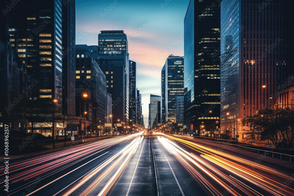 Fototapeta premium Dynamic City Life at Dusk with Light Trails