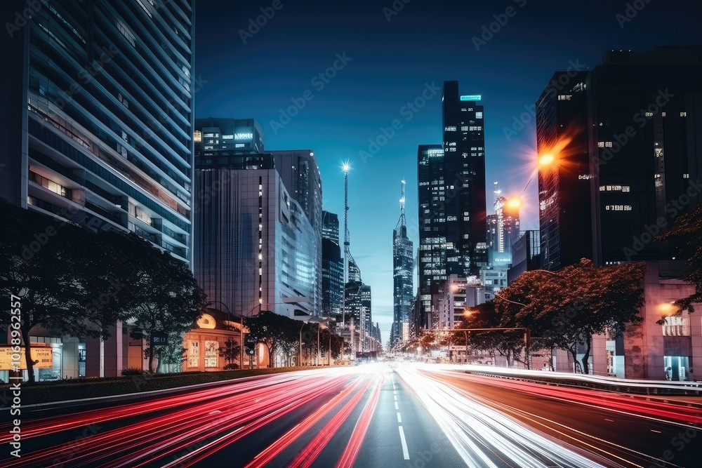 Vibrant City Nights: Light Trails and Urban Skyline Vibrant City Nights: Light Trails and Urban Skyline