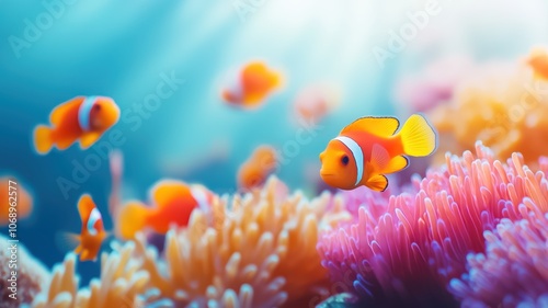 A vibrant underwater scene featuring colorful clownfish swimming among coral, illuminated by soft sunlight filtering through the water.