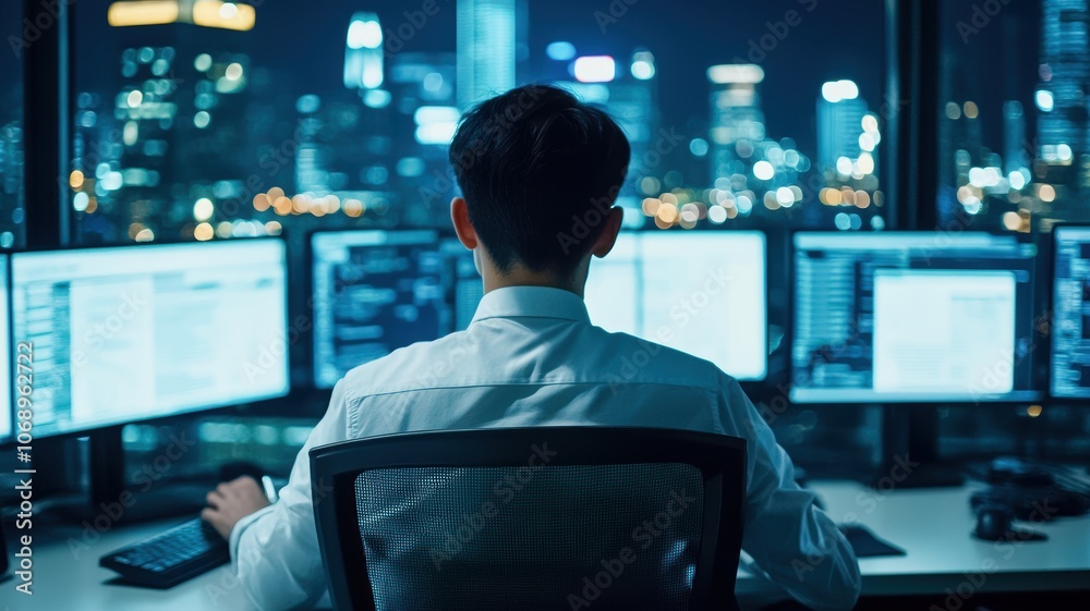 A professional working late at night in an office, focused on multiple computer screens displaying data, with a city skyline illuminated in the background.