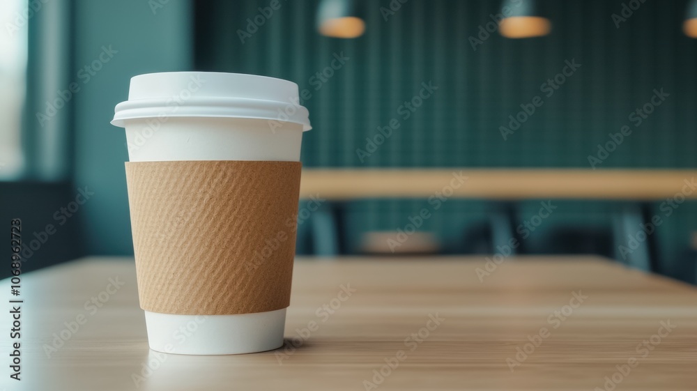 A simple coffee cup sits on a wooden table, with a green wall and soft overhead lighting in the background, creating a cozy atmosphere.