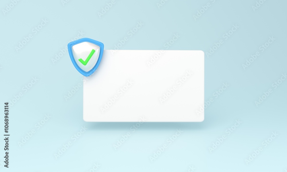 Minimalist Shield with Checkmark and Blank Card on Light Blue Background Minimalist Shield with Checkmark and Blank Card on Light Blue Background