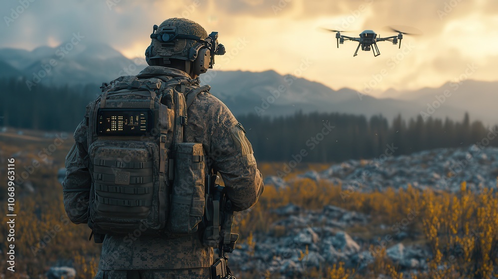 Soldier with Drone in Scenic Mountain Landscape Soldier with Drone in Scenic Mountain Landscape