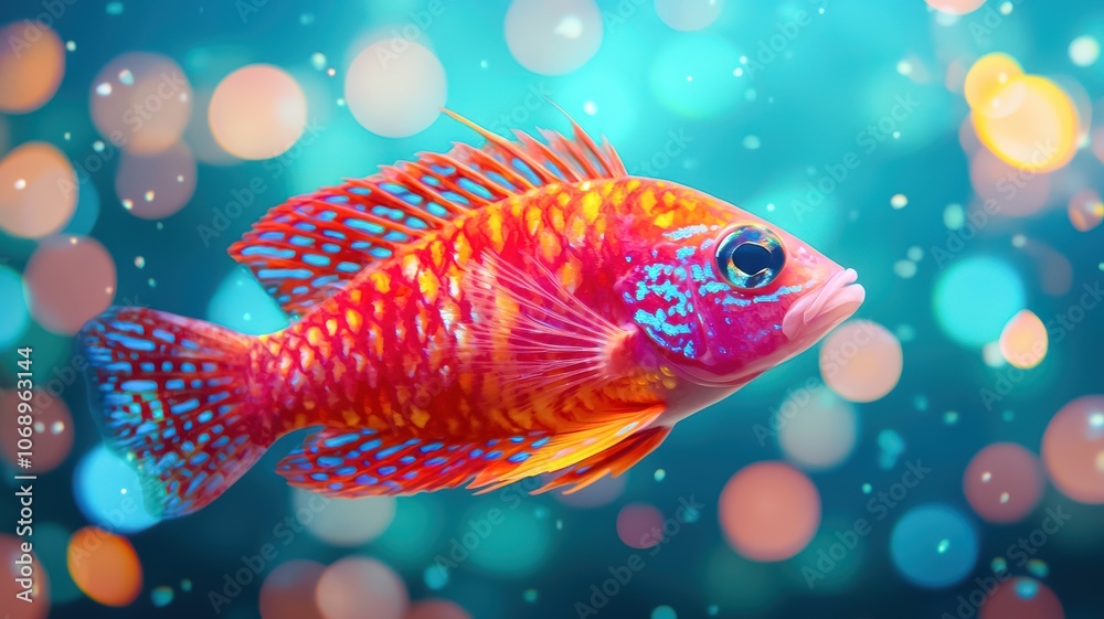 Fototapeta premium A vibrant, colorful fish swims gracefully against a dreamy, bokeh background, creating a mesmerizing underwater scene filled with life and color.