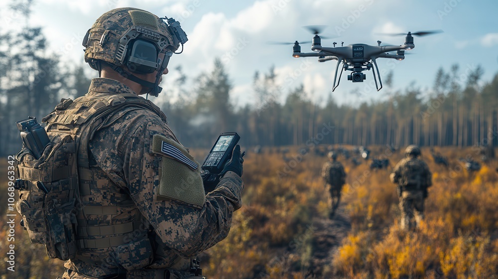 Soldier Operates Drone in Military Training Exercise Soldier Operates Drone in Military Training Exercise