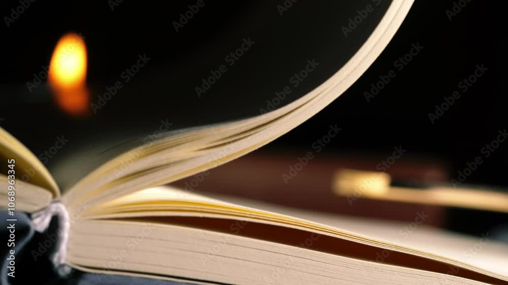 Pages turning on open book with candle light bokeh background