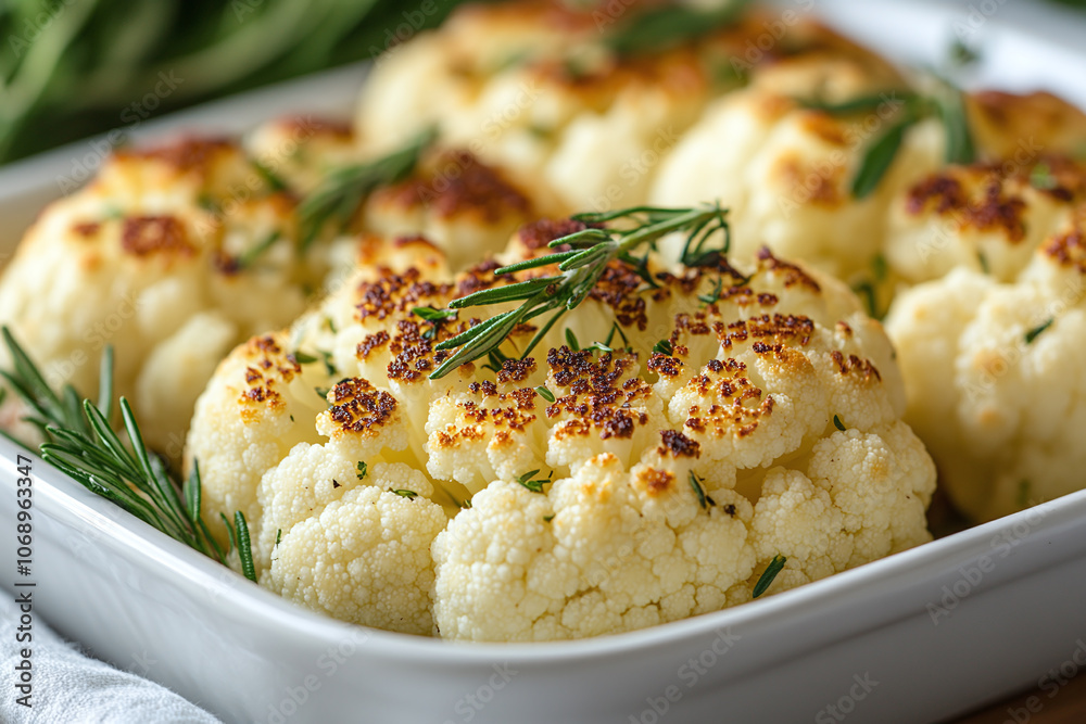 roasted cauliflower steaks garnished with fresh herbs. roasted cauliflower steaks garnished with fresh herbs.