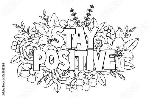 Stress relief motivational word or quote coloring book page for adults with hand drawn floral line art or botanical spring flower bouquet pattern in doodle sketch style. Nature ornament coloring page.