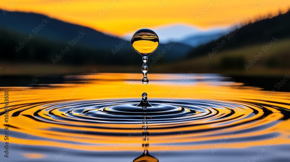 Water Droplet Splashing in Lake at Sunset with Ripples and Reflection Water Droplet Splashing in Lake at Sunset with Ripples and Reflection