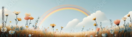 Charming rural scene with a rainbow and wildflowers, peaceful nature