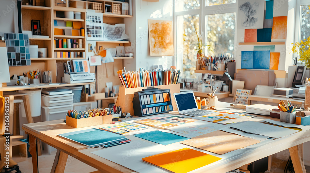 A well-lit, organized workspace with a desk covered in art supplies and a laptop. A well-lit, organized workspace with a desk covered in art supplies and a laptop.