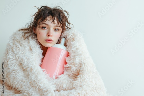 A young woman wrapped in a soft, fluffy blanket, clutching a pink hot water bottle for warmth, white background photo