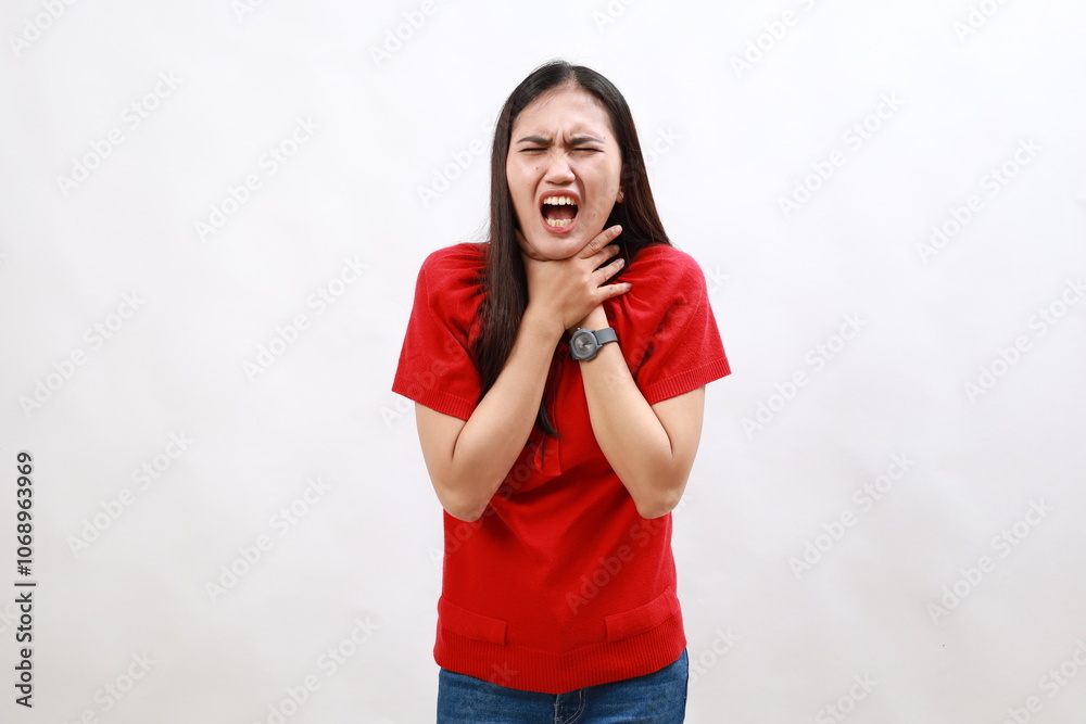 Young hispanic woman wearing casual red shirt shouting and suffocate because painful strangle. health problem. asphyxiate and suicide concept. Young hispanic woman wearing casual red shirt shouting and suffocate because painful strangle. health problem. asphyxiate and suicide concept.