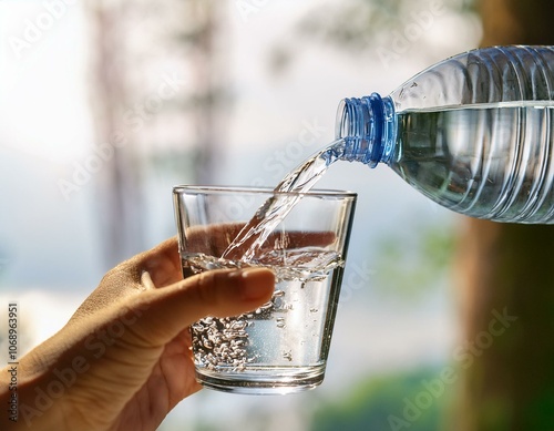 コップにペットボトルの水を注ぐ