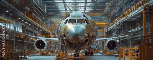 Inside a modern airplane factory, large commercial aircraft under construction, aerospace industry