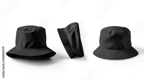 A collection of three black bucket hats displayed from different angles.