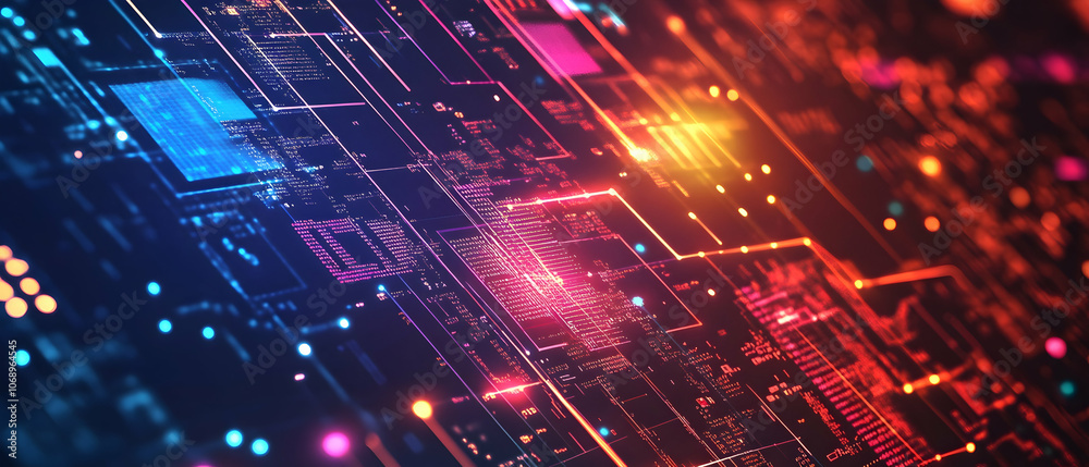 Abstract digital circuit board with glowing lights. Abstract digital circuit board with glowing lights.