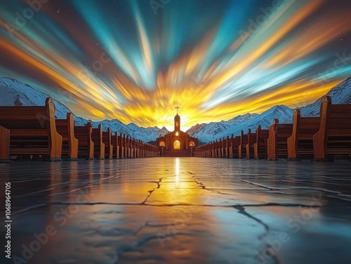 Grand architectural hall with central cross under vibrant celestial sky, AI generated photo