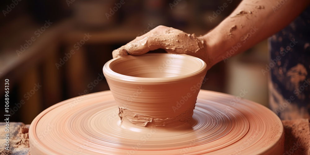 Artisan Shaping Clay on Potter's Wheel in Workshop Artisan Shaping Clay on Potter's Wheel in Workshop