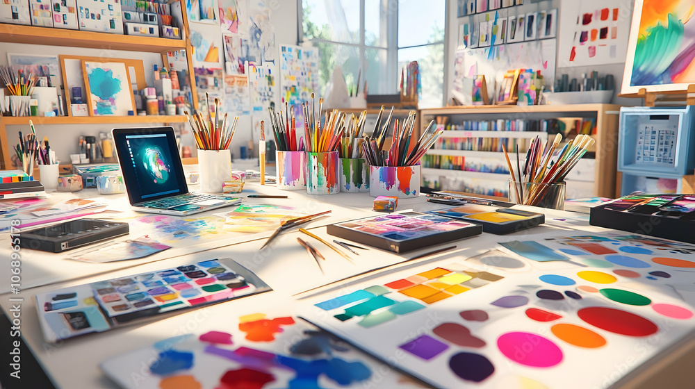 Artist's workspace with a laptop, brushes, paints, and color palettes. Artist's workspace with a laptop, brushes, paints, and color palettes.