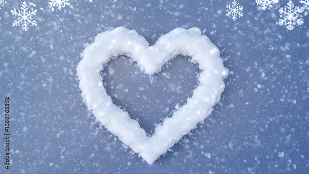 Snow heart shape on a snowy background with falling snowflakes in a winter atmosphere
