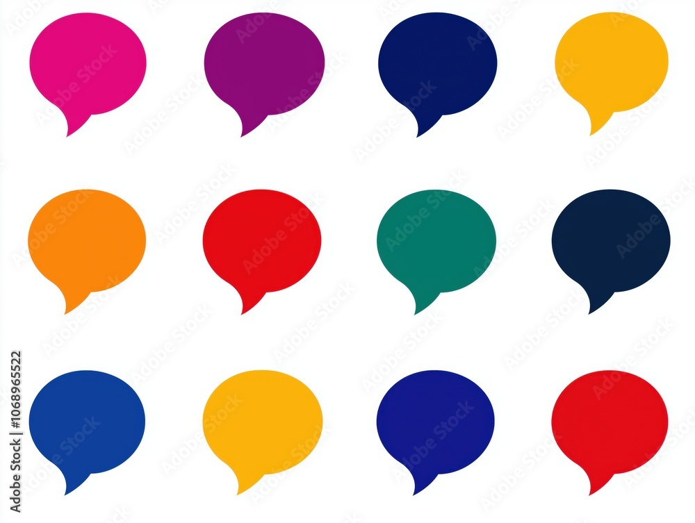 A collection of colorful speech bubble icons arranged in a grid pattern on a white background, each with a unique color. A collection of colorful speech bubble icons arranged in a grid pattern on a white background, each with a unique color.