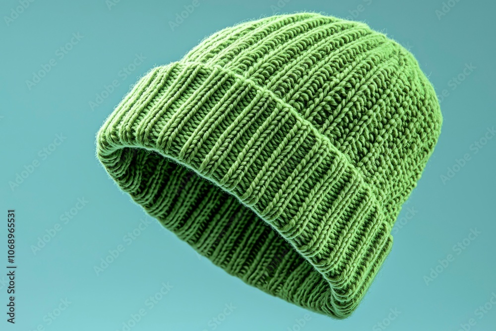 Green Knitted Beanie Hat Floating Against a Blue Background Green Knitted Beanie Hat Floating Against a Blue Background