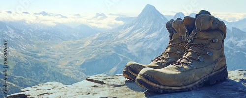 Une paire de bottes de randonnée posée sur un rebord avec vue sur les montagnes.. photo