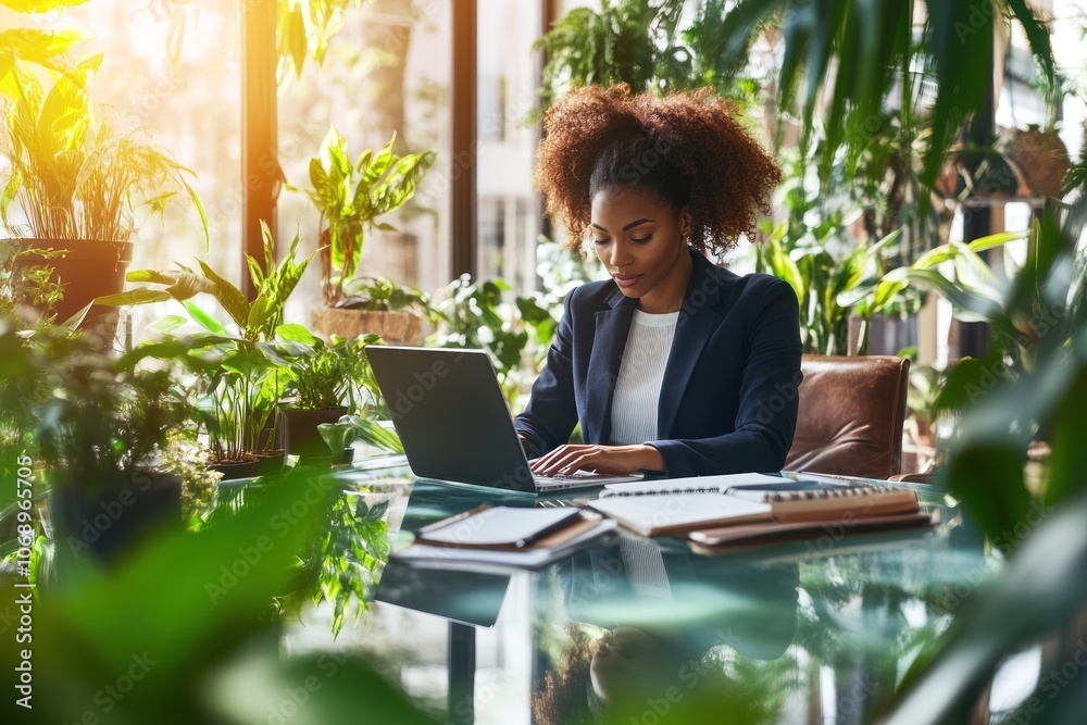 A woman working on a laptop surrounded by indoor plants in a bright, modern office space. A woman working on a laptop surrounded by indoor plants in a bright, modern office space.
