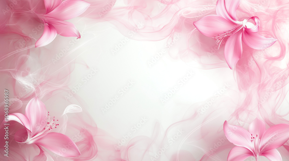 Soft pink floral frame with delicate petals and flowing smoky accents on a light background. Romantic border, banner, empty copy space for design. Soft pink floral frame with delicate petals and flowing smoky accents on a light background. Romantic border, banner, empty copy space for design.