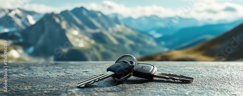 Un trousseau de clés de voiture sur une table avec des montagnes en arrière-plan..