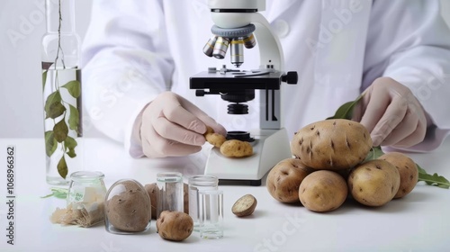A scientist in a lab coat examining a potato plant under a microscope, with various potato samples and research tools on a clean white table. The background 