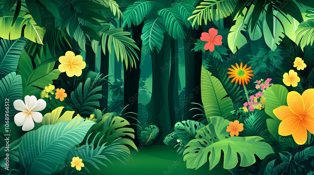 Fototapeta premium Lush green jungle with colorful flowers and foliage.