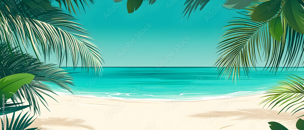 Lush palm trees frame a serene tropical beach scene with turquoise water and white sand. Lush palm trees frame a serene tropical beach scene with turquoise water and white sand.