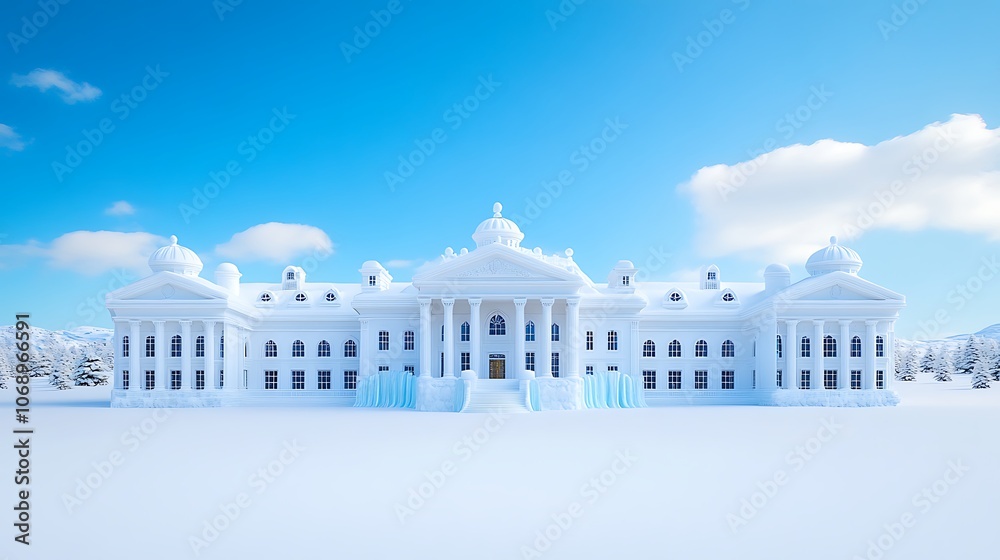Fototapeta premium SnowCovered Palace with Frozen Fountain in Winter