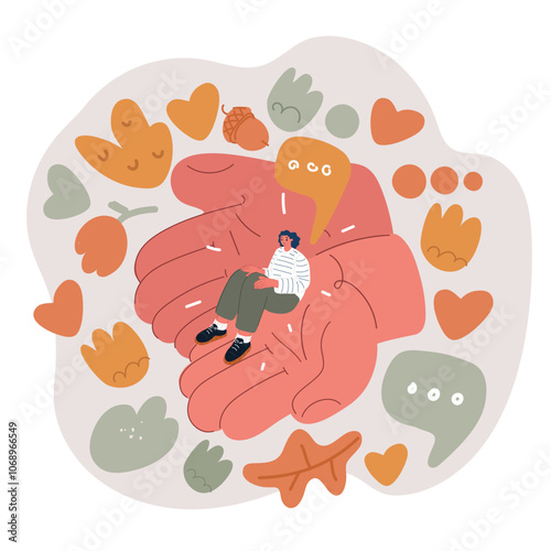 Cartoon vector illustration of a woman sitting on a giant hand, symbolizing care, support, and protection