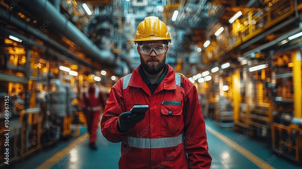 Industrial Worker in Hard Hat with Mobile Device Industrial Worker in Hard Hat with Mobile Device
