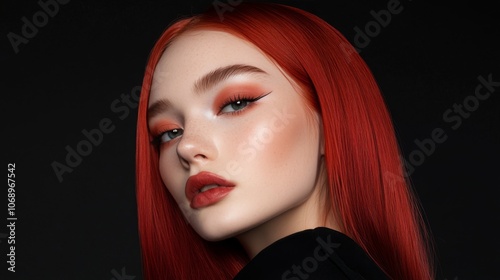 Red-haired woman with bold makeup and freckles in a striking beauty portrait on a black background, perfect for high-end cosmetics, individuality, and bold makeup ads