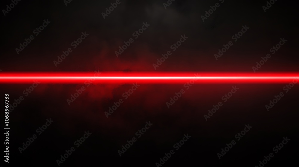 A single red horizontal light beam against a dark background with smoke. A single red horizontal light beam against a dark background with smoke.