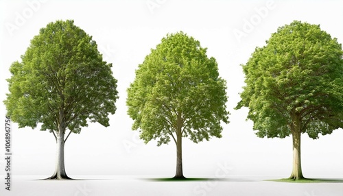 set of three large sycamore platanus trees displayed against a clean white background for graphic design or nature projects