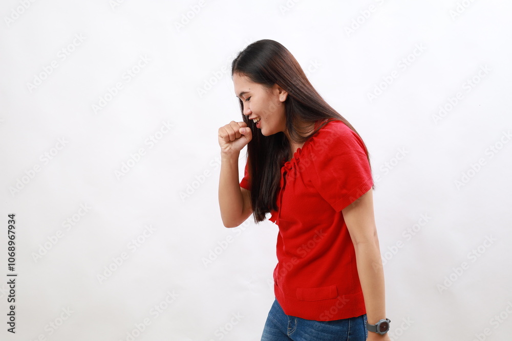 Young hispanic woman wearing casual red shirt feeling unwell and coughing as symptom for cold or bronchitis. health care concept. Young hispanic woman wearing casual red shirt feeling unwell and coughing as symptom for cold or bronchitis. health care concept.