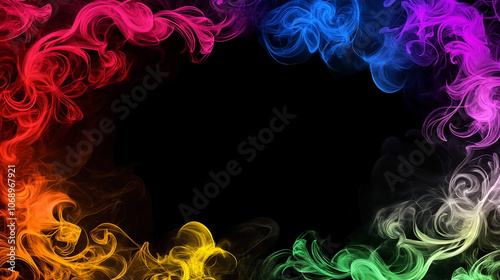 Multicolor swirling smoke frame on black background. Border, postcard, banner, card. Empty copy space for design. 