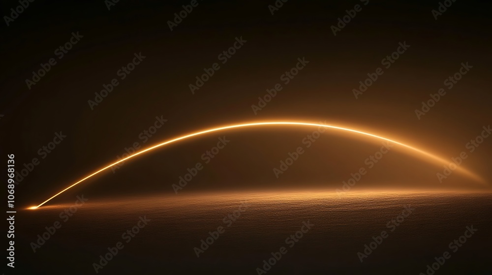 A bright light streaks through the night sky, creating an arc over a foggy landscape. A bright light streaks through the night sky, creating an arc over a foggy landscape.